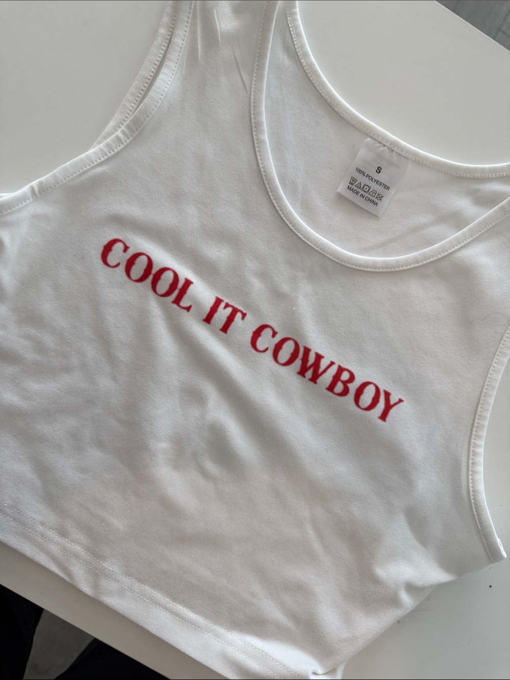Cool It Cowboy White Tank Top with Red Graphic